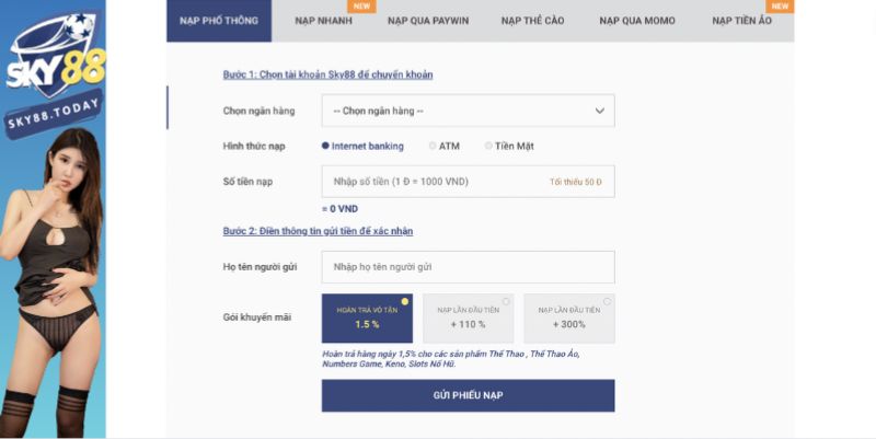 Nạp tiền sky88 qua ngân hàng